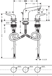 Picture of HANSGROHE Novus 3-Loch Waschtischarmatur 100 mit Zugstangen-Ablaufgarnitur,  71140000