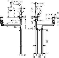 Picture of HANSGROHE M71 Metris Select 2-Loch Einhebel-Küchenmischer 220 mit Ausziehbrause,  73805000