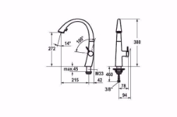 Picture of KWC ZOE Küche decor steel A 215 Hebelmischer Ausziehbare Umstellbrause verdeckt ergonomische Auszug, splen-brush-st.steel, flex-Pex 3/8", seitenbed., Art.Nr. : 10.201.102.127FL