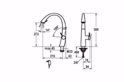 Picture of KWC ZOE Küche chromeline A 215 Hebelmischer Ausziehbare Umstellbrause verdeckt ergonomische Auszugr, chromeline, seitenbedient, flex-Pex 3/8", mit Steckernetzteil Z.635.582, Art.Nr. : 10.201.122.000FL