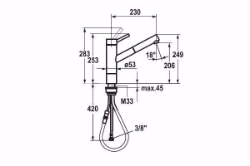 Picture of KWC INOX Küche edelstahl A 230 Hebelmischer Auszugauslauf Neoperl Cascade bis 700 mm ausziehbar, stahl, flex-PEX 3/8", A230, Art.Nr. : 10.271.303.700FL