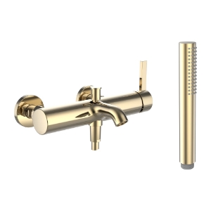 Picture of LAUFEN - KARTELL LAUFEN - Bademischer, Anschlussdistanz 153 mm, Ausladung 170 mm, mit Verschraubungen, mit Kunststoffschlauch 1800 mm, mit Handbrause TwinStick, PVD Gold, Art.Nr. :H3213370011421