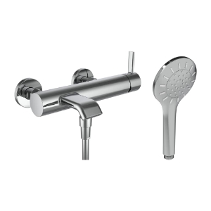 Picture of LAUFEN - MEDA - Bademischer, Anschlussdistanz 153 mm, Ausladung 180 mm, Festauslauf, mit Verschraubungen, mit Kunststoffschlauch 1600 mm, mit Handbrause MyTwin100, Chrom, Art.Nr. :HF506660100000
