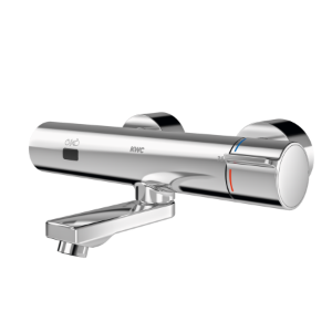Bild von KWC F5E-Therm - F5ET1101, Elektronik-Thermostat-Wandbatterie mit Batteriebetrieb, Ausladung des Auslaufs:145 mm, C-Modul:optional, mit Rückflussverhinderer:ja, A3000 open-kompatibel:nein, Art.Nr. : 3600004009